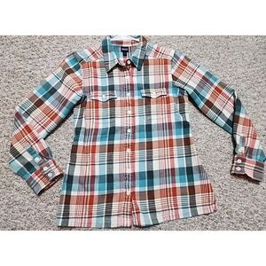 Patagonia Fjord Long Sleeved Flannel Shirt Size 6 Plaid Teal Rust Red Organic